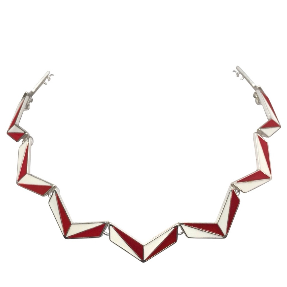 Red & White Color Block Chevron Necklace